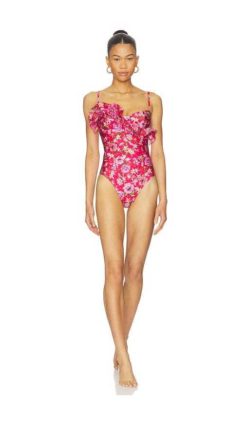 PatBO Peony Print Lycra Ruffle Bodysuit in Red by PATBO