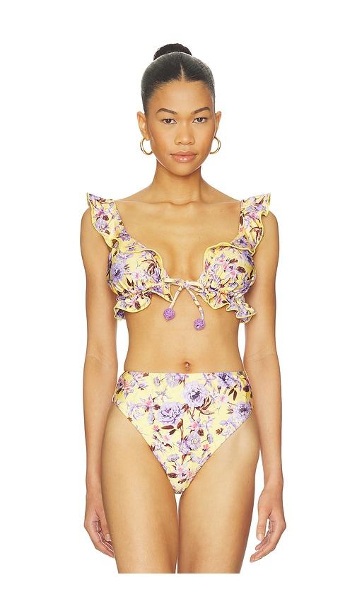 PatBO Peony Print Ruffle Bikini Top in Yellow by PATBO