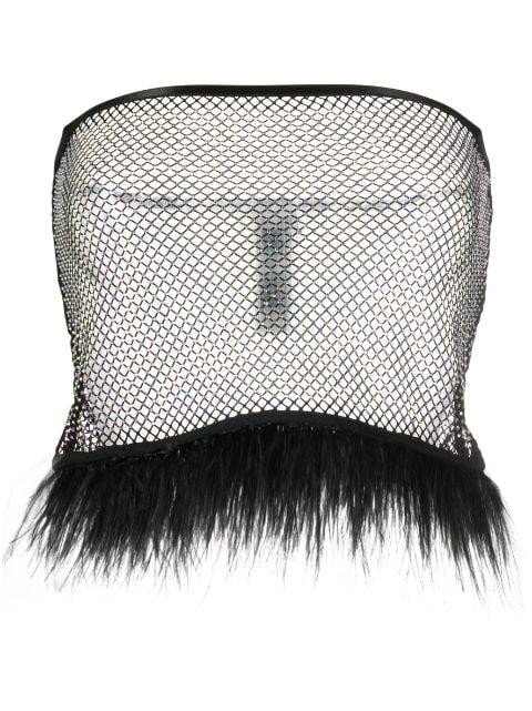 feather-trim rhinestone mesh top by PATRIZIA PEPE