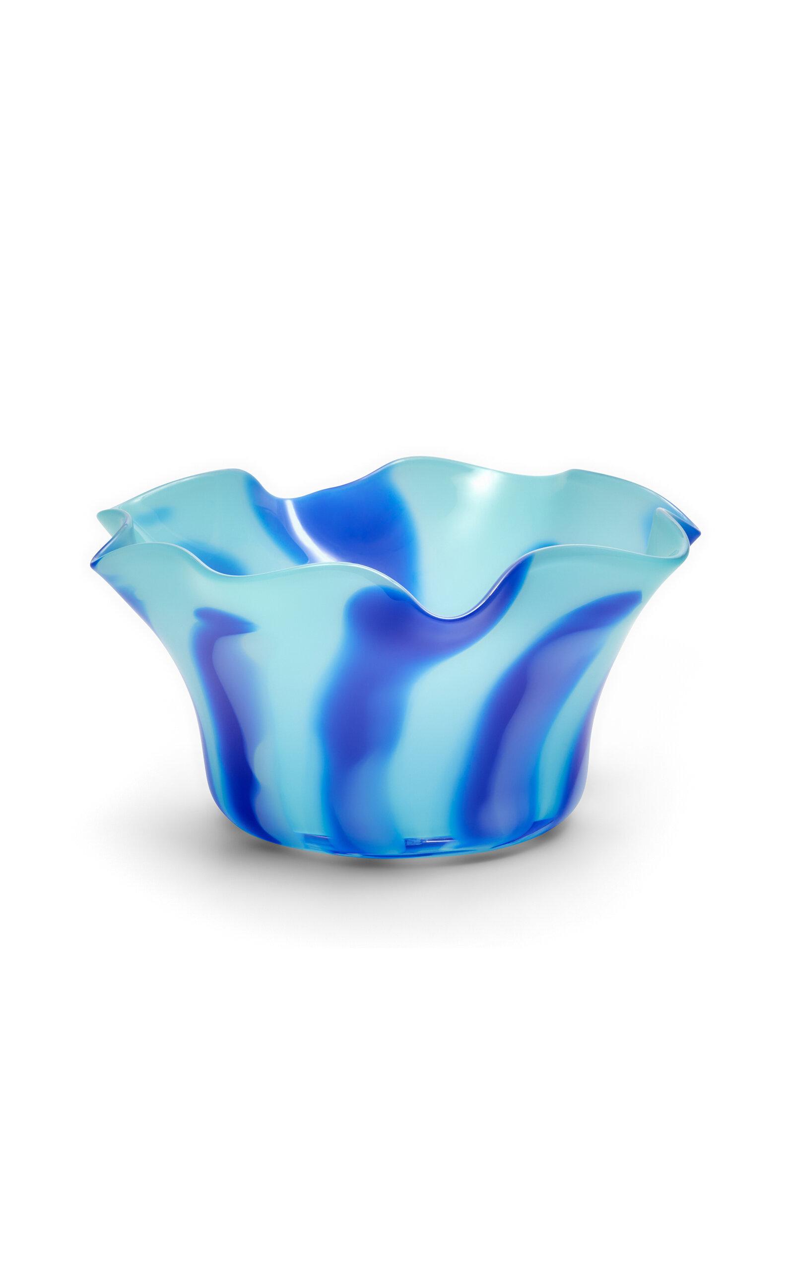 Paul Arnhold Glass - Exclusive Light Blue Wavy Low Vase Or Bowl With Royal Blue And Powder White Strokes - Blue - Moda Operandi by PAUL ARNHOLD GLASS