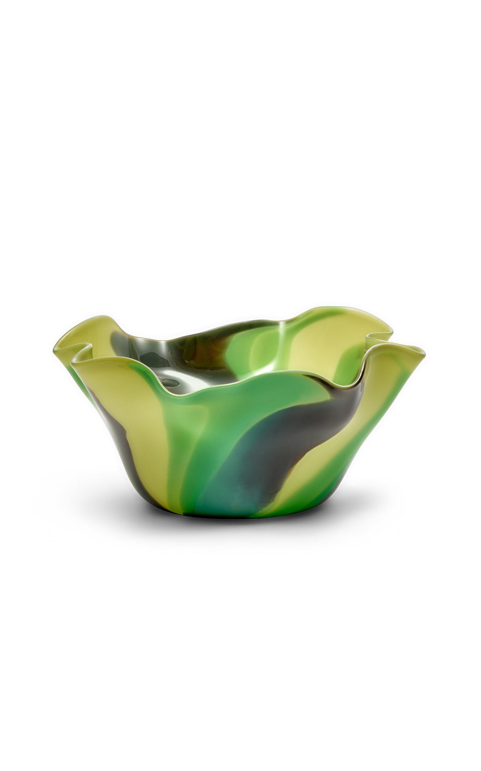 Paul Arnhold Glass - Exclusive Light Pistachio Green Wavy Bowl Or Low Vase With Dark Green; Jade; And Emerald Strokes - Green - Moda Operandi by PAUL ARNHOLD GLASS