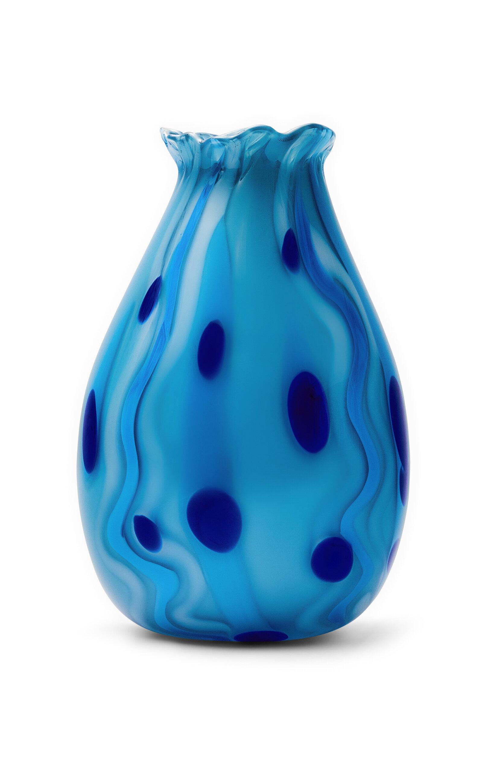 Paul Arnhold Glass - Exclusive Sky Blue Vase With Royal Blue Spots; Powder White And Cornflower Blue Strokes - Blue - Moda Operandi by PAUL ARNHOLD GLASS