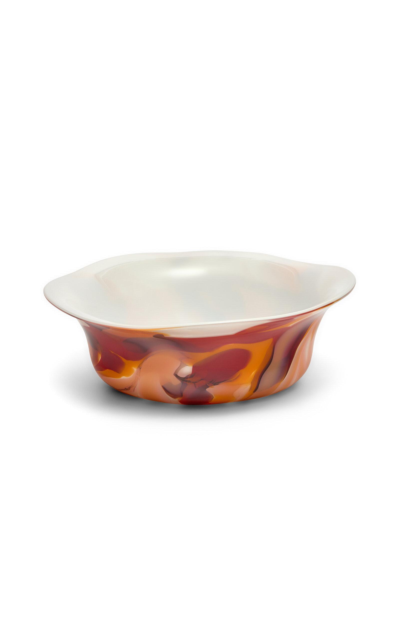 Paul Arnhold Glass - Exclusive White Wavy Bowl With Sahara; Oxblood; And Flamingo Strokes - White - Moda Operandi by PAUL ARNHOLD GLASS