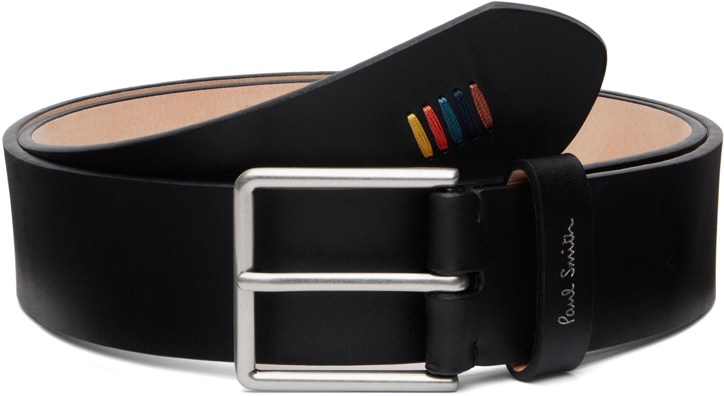 Black Leather 'Artist Stripe' Stitch Belt by PAUL SMITH