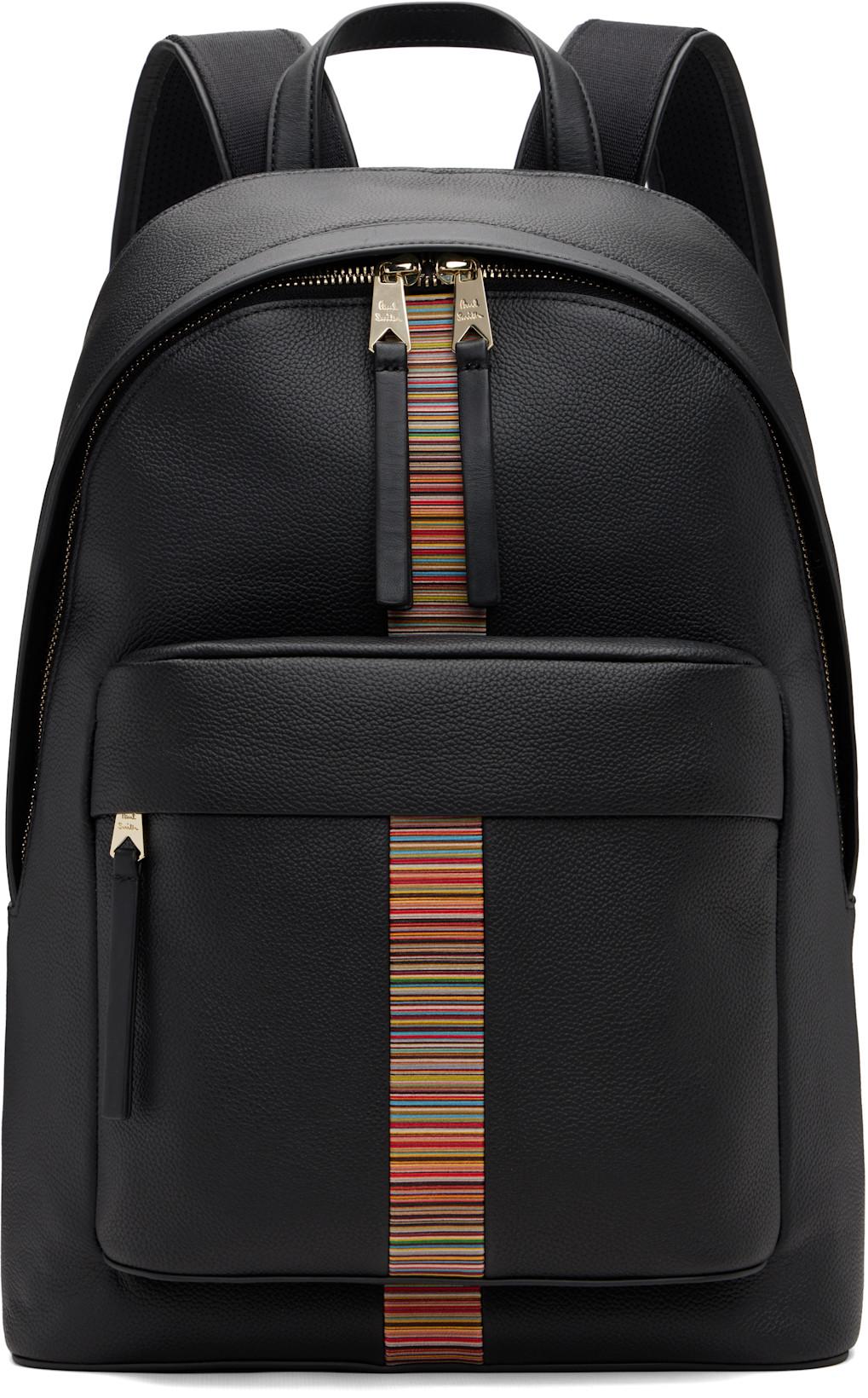 Black Leather 'Signature Stripe' Trim Backpack by PAUL SMITH