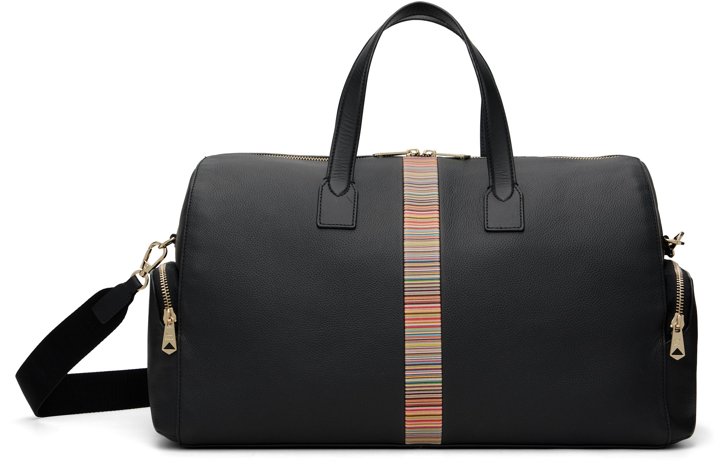 Black Leather 'Signature Stripe' Trim Day Duffle Bag by PAUL SMITH