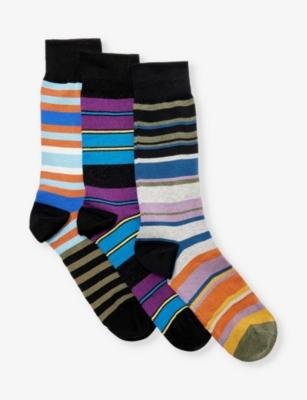 Multi stripe-pattern pack of three stretch-cotton knitted socks by PAUL SMITH