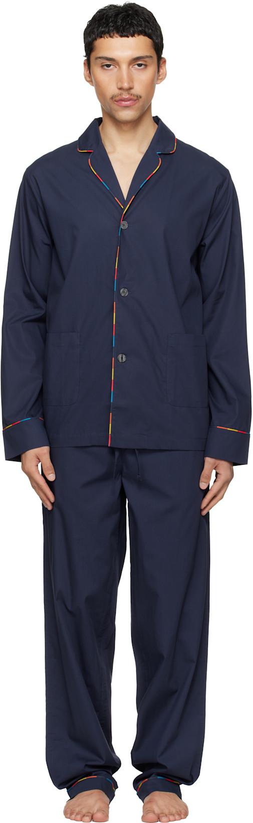 Navy 'Artist Stripe' Trim Cotton Pyjama Set by PAUL SMITH