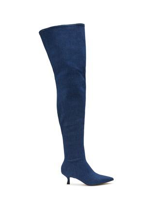 ‘SOFIA’ KITTEN HEEL DENIM TALL BOOTS by PEDDER RED