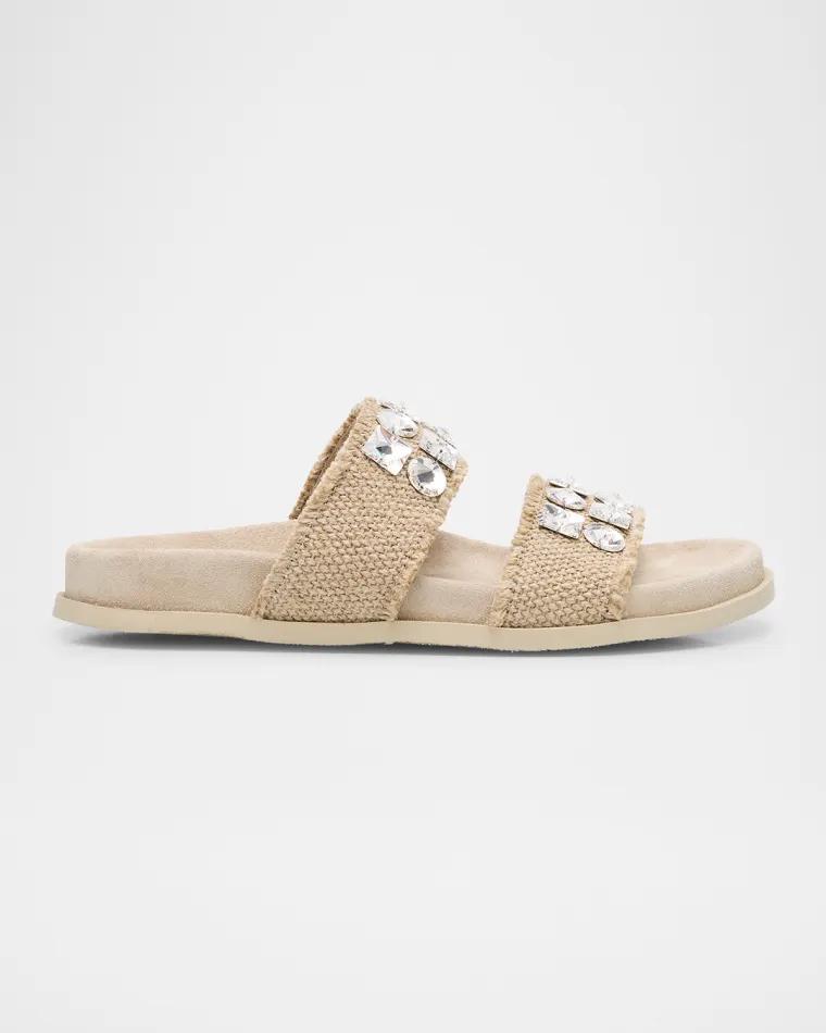 Dilys Two-Band Embellished Frayed Linen Sandals by PEDRO GARCIA
