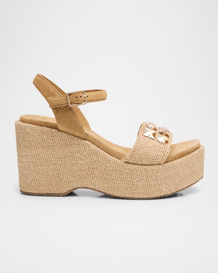 Wendy Embellished Jute Burlap Platform Sandals by PEDRO GARCIA