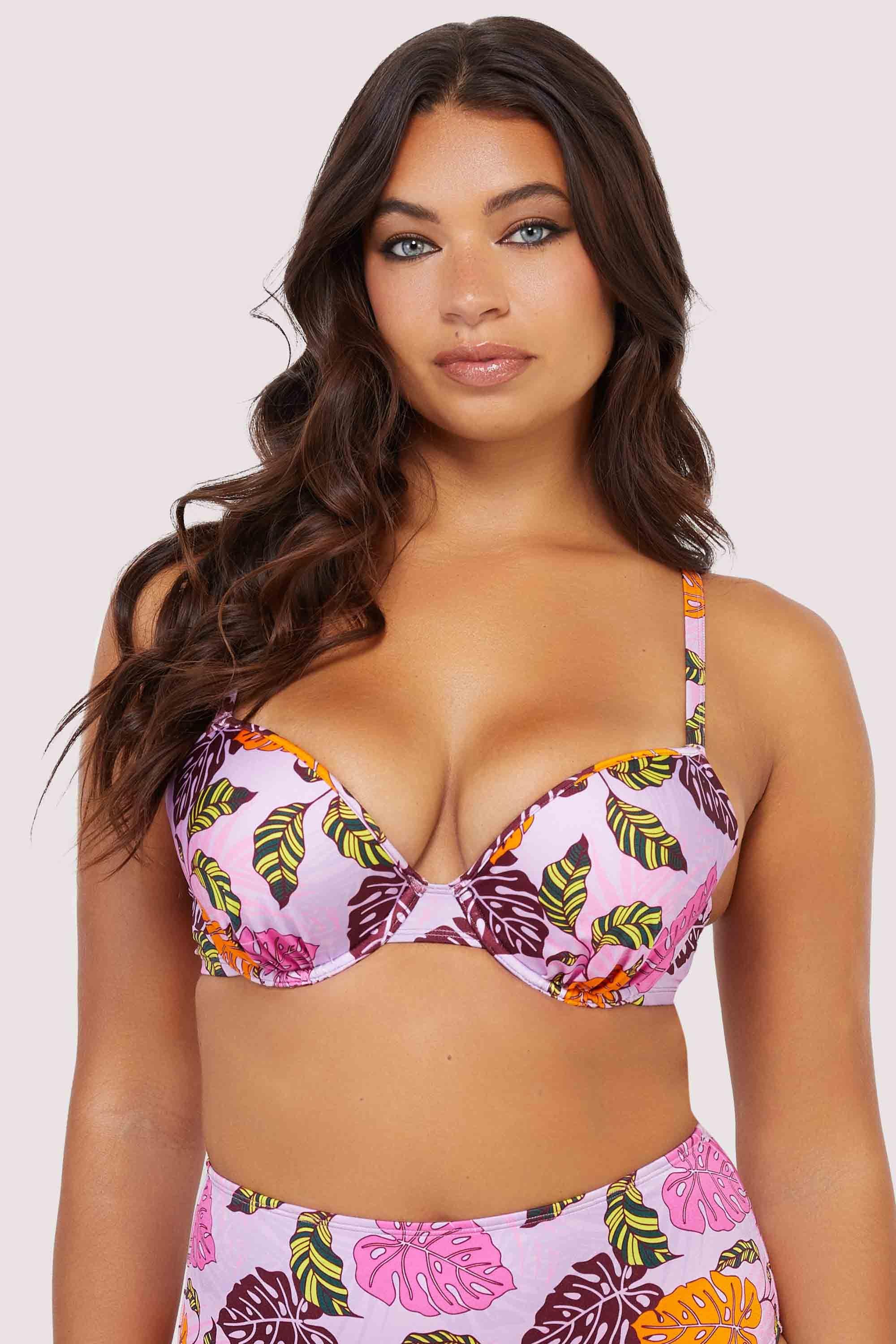 Riley Mix & Match Pink Palm Print Plunge Bikini Top by PEEK&BEAU
