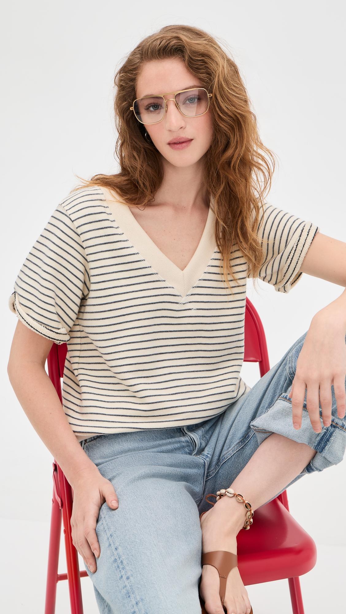 French Terry Stripe V-neck Short Sleeve Sweatshirt by PERFECTWHITETEE