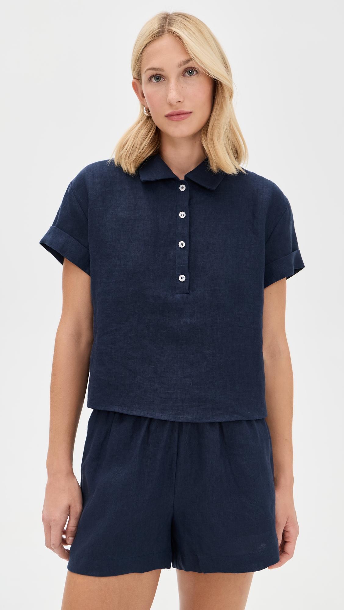 Tabitha Linen 1/4 Button Down Collared Tee by PERFECTWHITETEE