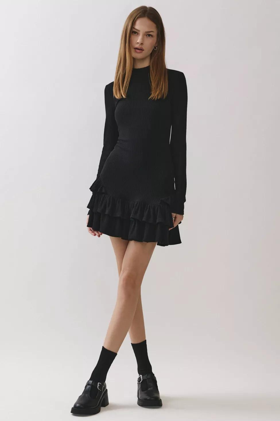 Personal Code Daniella Ribbed Mock Neck Ruffle Mini Dress by PERSONAL CODE