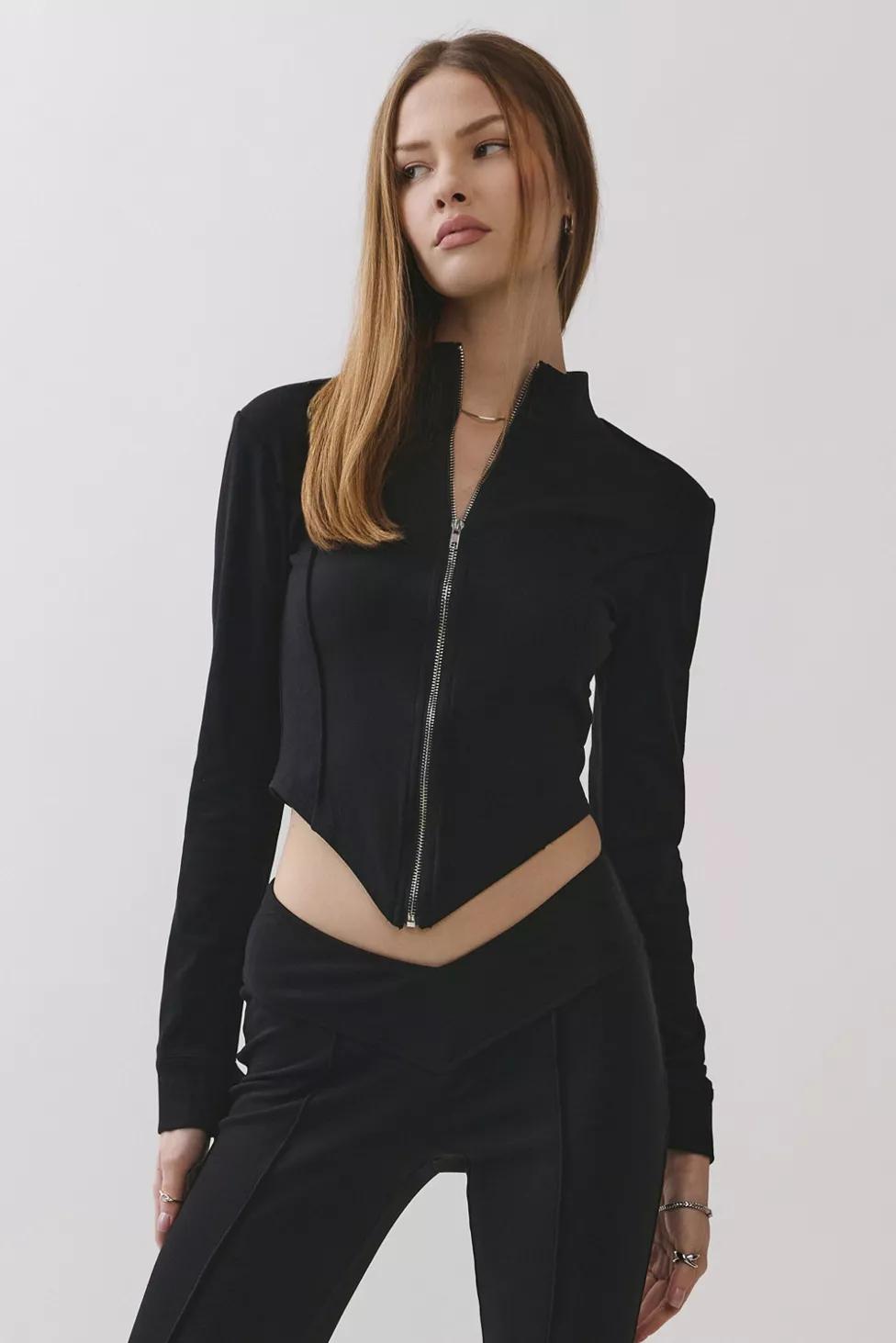 Personal Code Kimi V-cut Zip Up Mock Neck Top by PERSONAL CODE