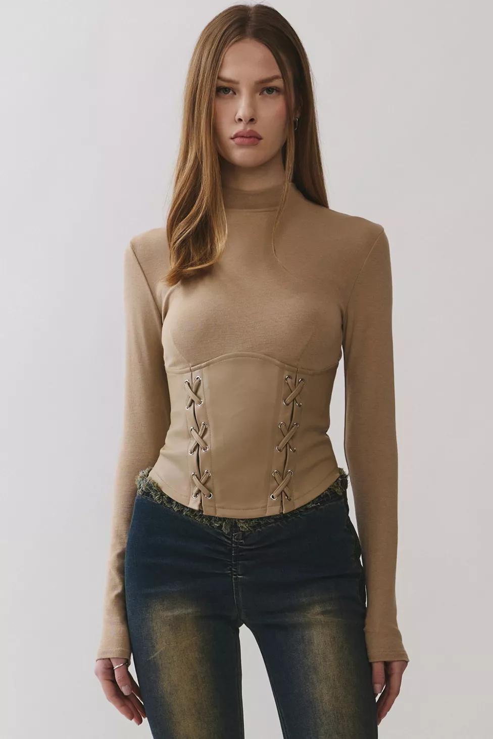 Personal Code Noelle Lace Up Pu Contrast Long Sleeve Top by PERSONAL CODE