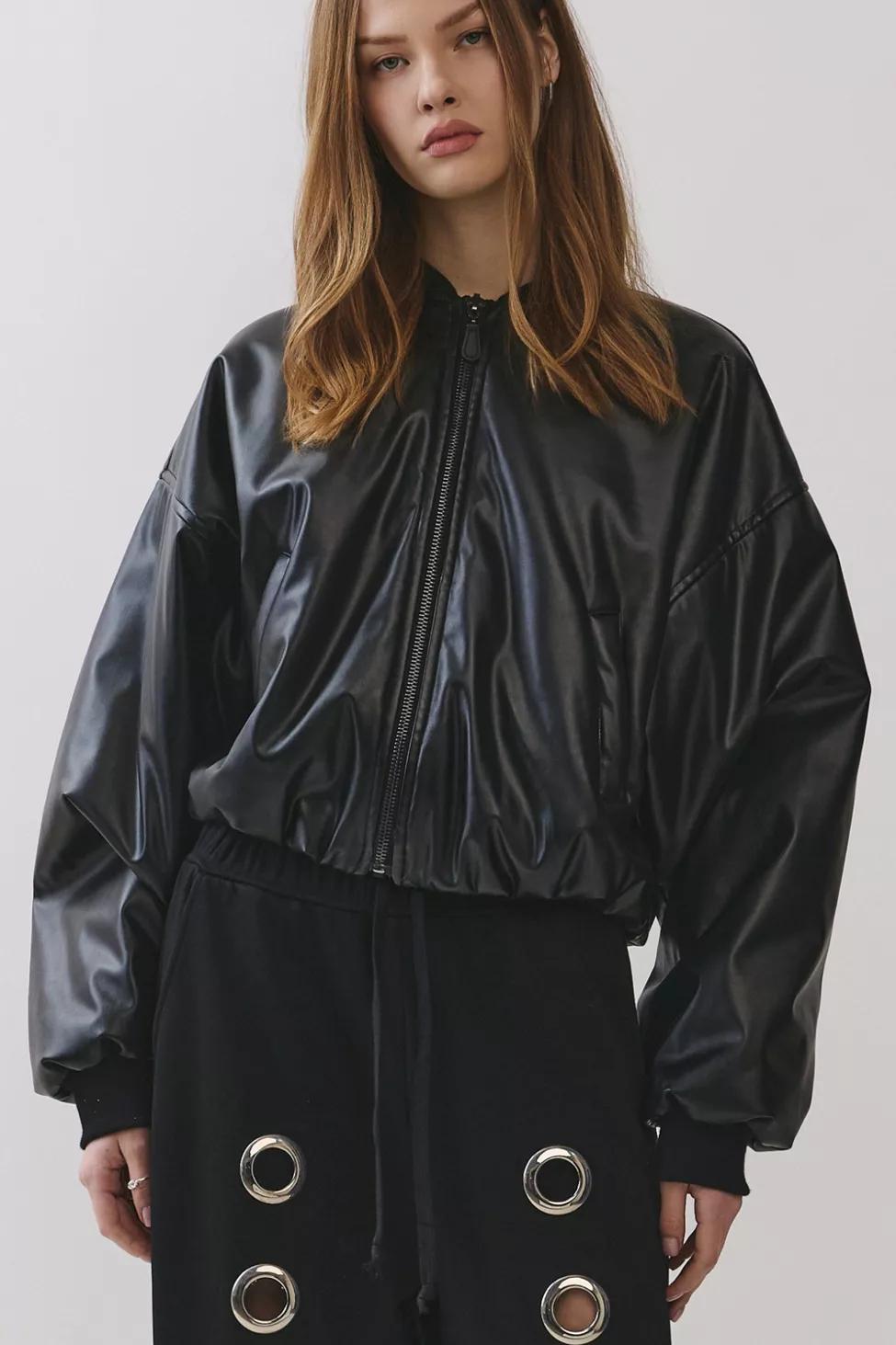 Personal Code Noir Padded Crop Leather Bomber Jacket by PERSONAL CODE