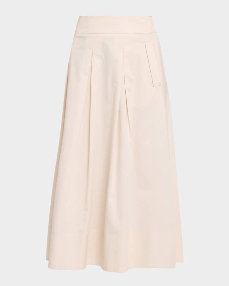 Pleated Stretch Cotton Sateen Midi Skirt by PESERICO