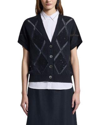Sequin Argyle Short Sleeve Cardigan by PESERICO