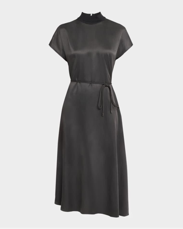 Viscose Twill and Tricot Waist-Tie Midi Dress by PESERICO