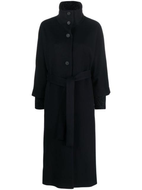 funnel-neck belted long coat by PESERICO