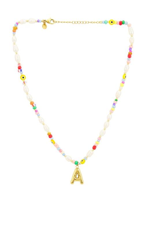 petit moments Beaded Pearl Bubble Initial Necklace in Pink,Metallic Gold by PETIT MOMENTS