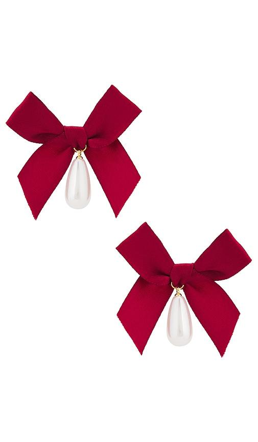 petit moments Bow Drop Pearl Earrings in Pink by PETIT MOMENTS