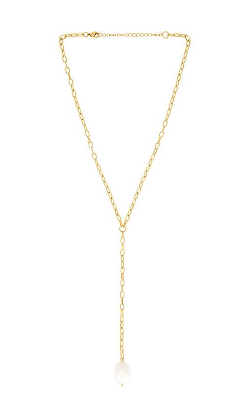 petit moments Pearl Drop Lariat Necklace in Metallic Gold by PETIT MOMENTS