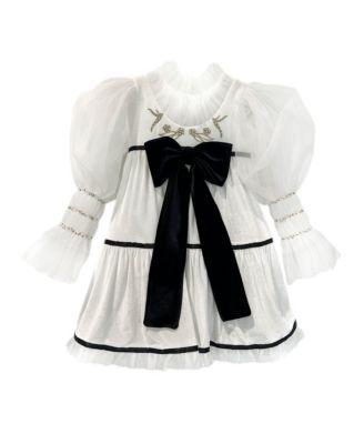 Girls' Aurora Ivory Velour Dress with Tulle Puff Sleeves - Baby by PETITE MAISON KIDS