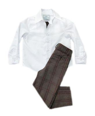 Unisex Petite Maison Blair White Cotton Button Down Shirt with Estate Tweed Trim and Tweed Pants by PETITE MAISON KIDS