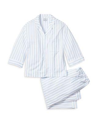 Luxe Pima Cotton Wide Leg Pajama Set in Blue Stripe by PETITE PLUME