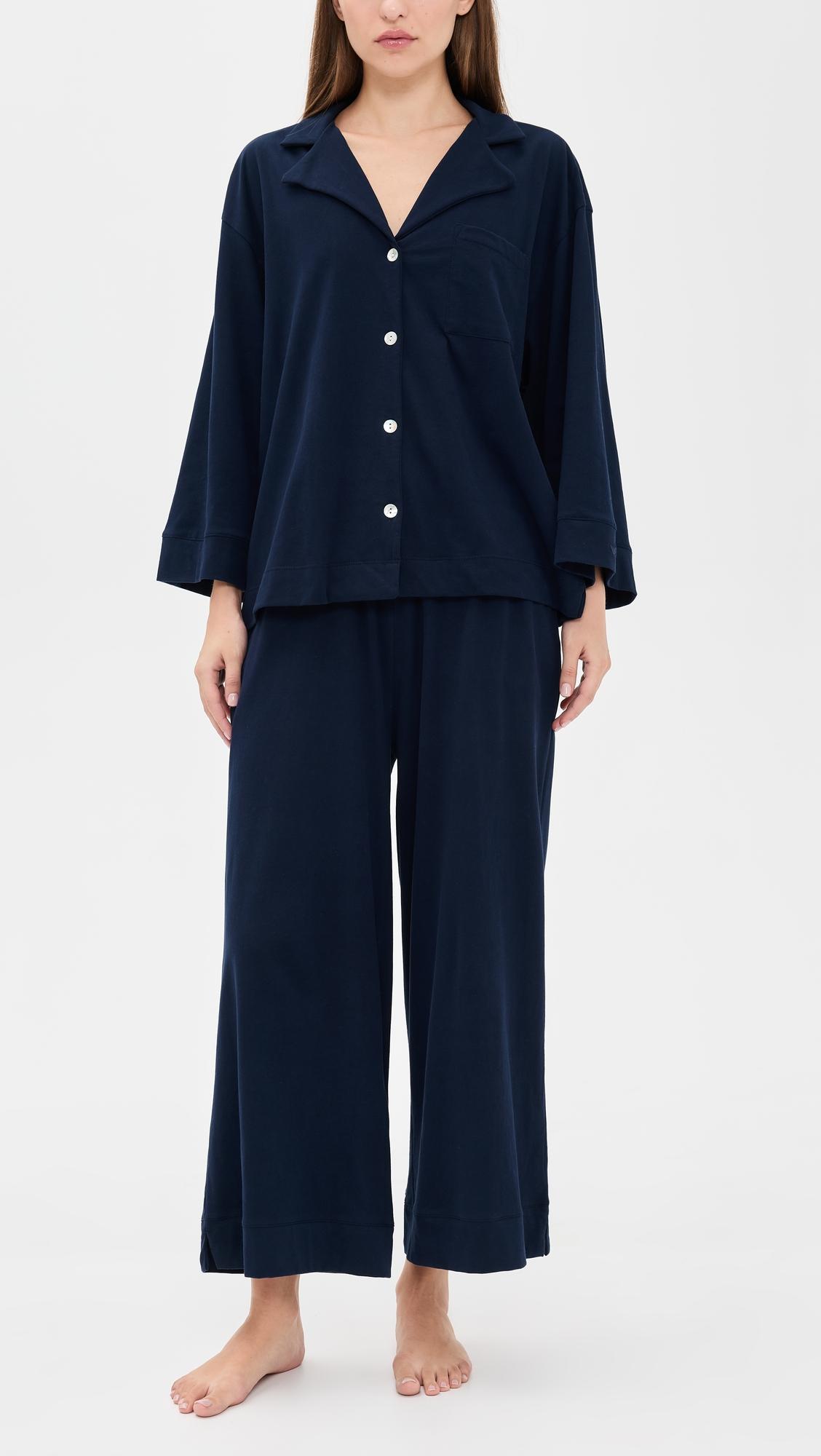 Pima Cotton Navy Wide Leg Pajama Set by PETITE PLUME