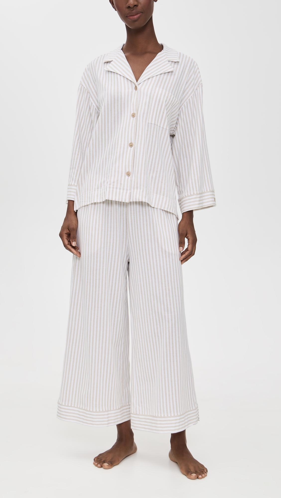 Pima Olivia Pajama Set in Camel Ticking Stripe by PETITE PLUME