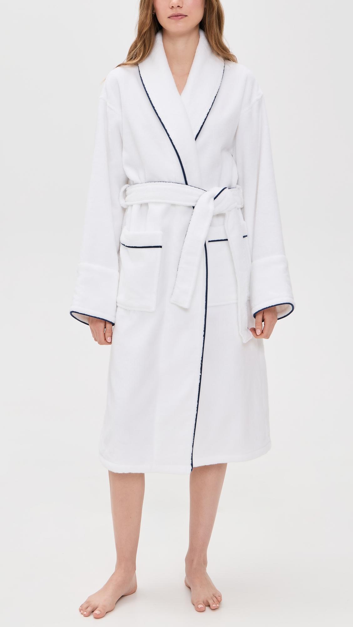 Unisex Luxe Terry Robe in White with Navy Piping by PETITE PLUME