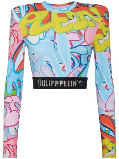 Padded Shoulder Cropped Top LS Bombing Graffiti by PHILIPP PLEIN