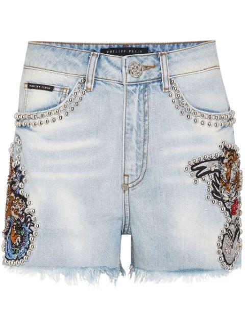 Tattoo stud-embellished denim shorts by PHILIPP PLEIN