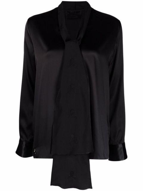 V-neck pussybow silk blouse by PHILIPP PLEIN