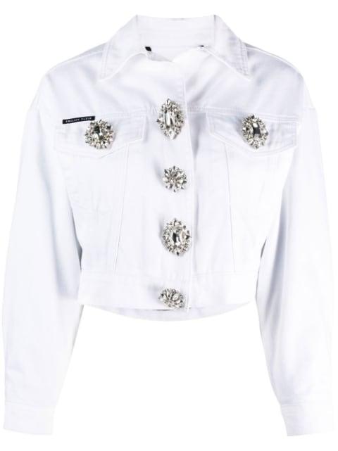 crystal button cropped denim jacket by PHILIPP PLEIN