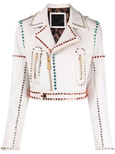 crystal-trim studded cropped biker jacket by PHILIPP PLEIN