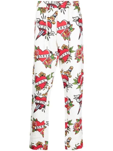 heart-print linen trousers by PHILIPP PLEIN