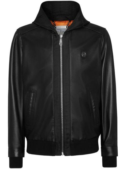 leather and satin hoodied bomber jacket by PHILIPP PLEIN