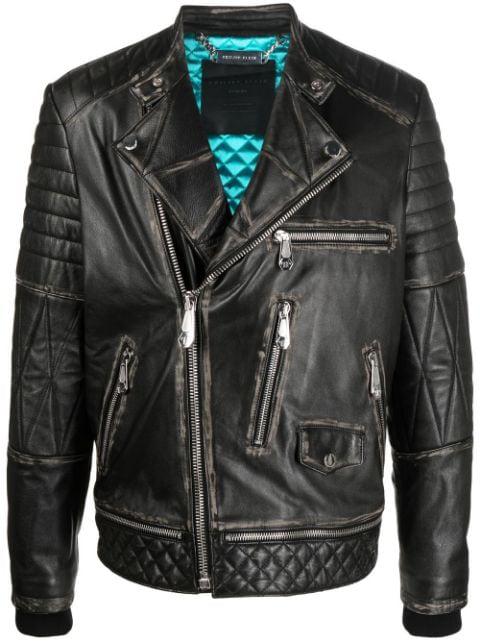 logo-plaque leather biker jacket by PHILIPP PLEIN