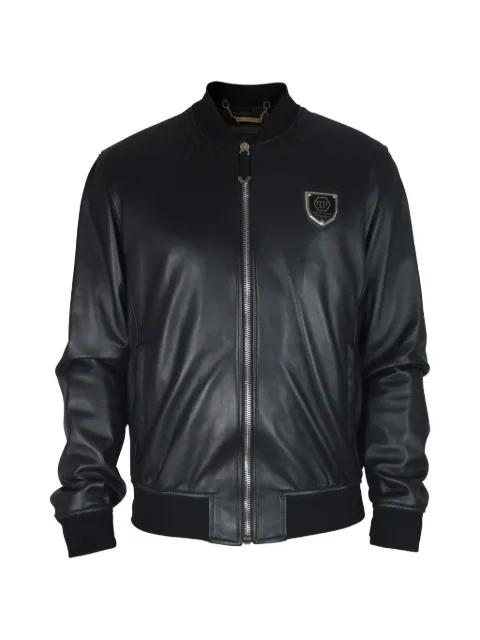 logo-plaque leather bomber jacket by PHILIPP PLEIN