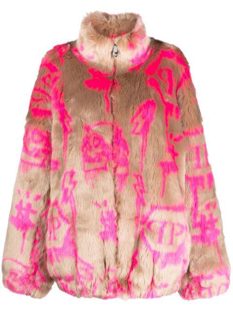 monogram-print faux fur coat by PHILIPP PLEIN