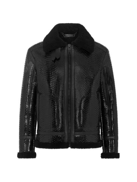 patent-effect shearling-trim jacket by PHILIPP PLEIN
