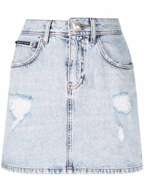 stud-detailing distressed mini denim skirt by PHILIPP PLEIN