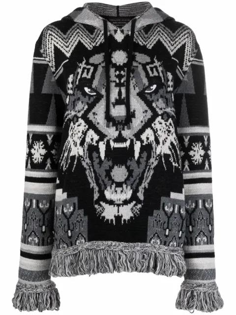 tiger-motif fringe wool hoodie by PHILIPP PLEIN