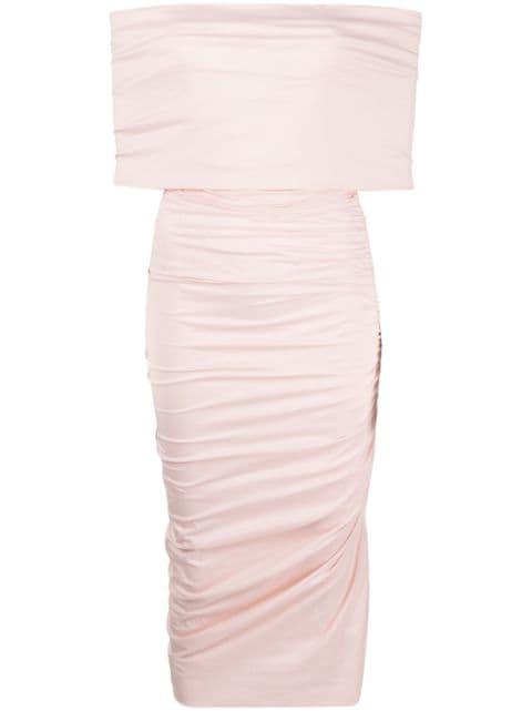 off-shoulder ruched midi dress by PHILOSOPHY DI LORENZO SERAFINI