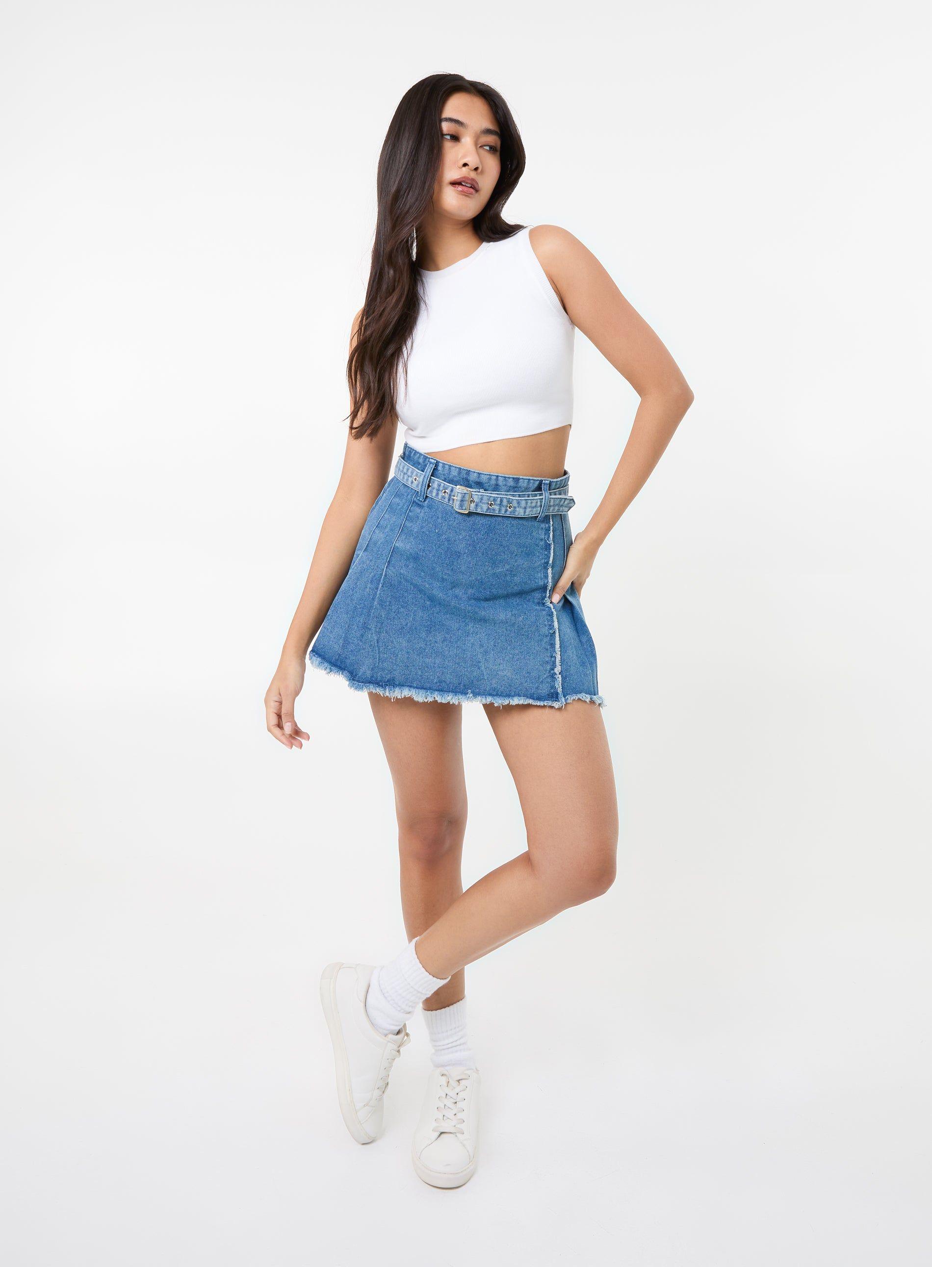 Belt Denim Pleated Mini Skirt by PINK VANILLA
